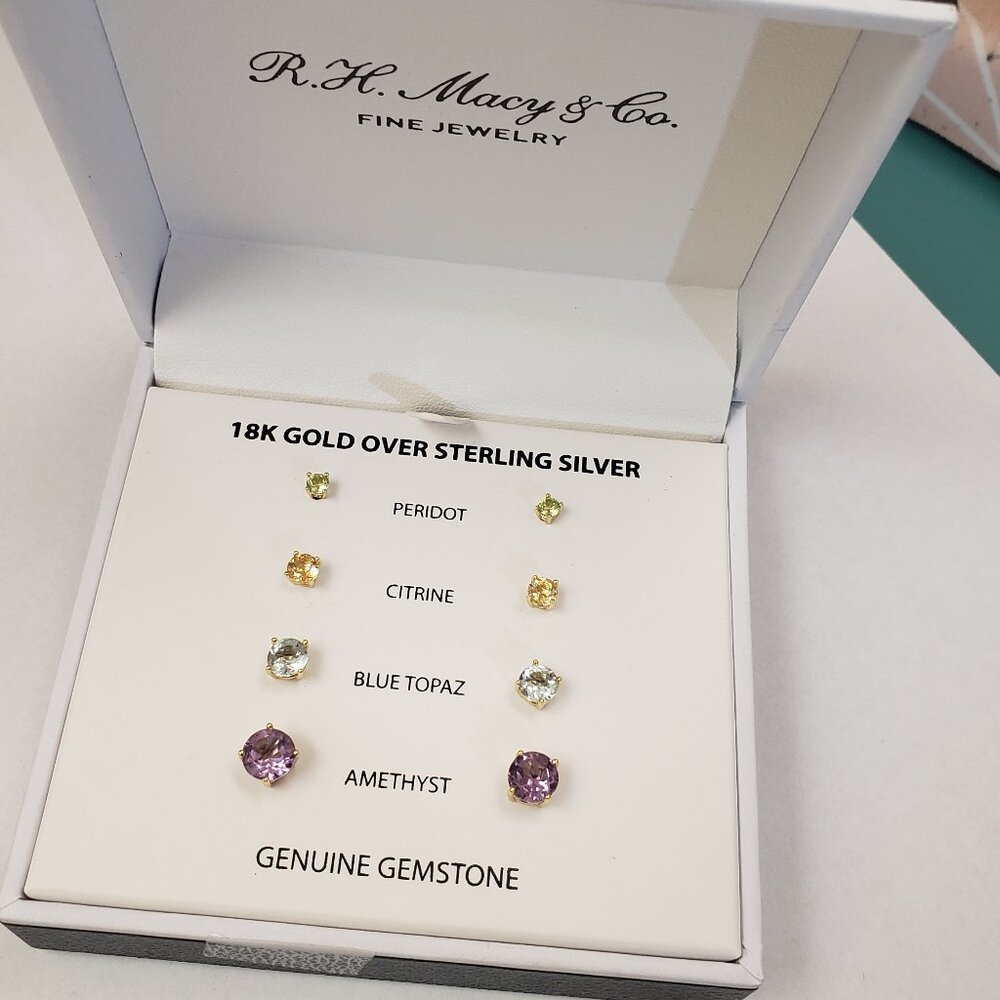 MACY'S, NWT, 4 prs genuine gemstone 18K Gold stud earrings